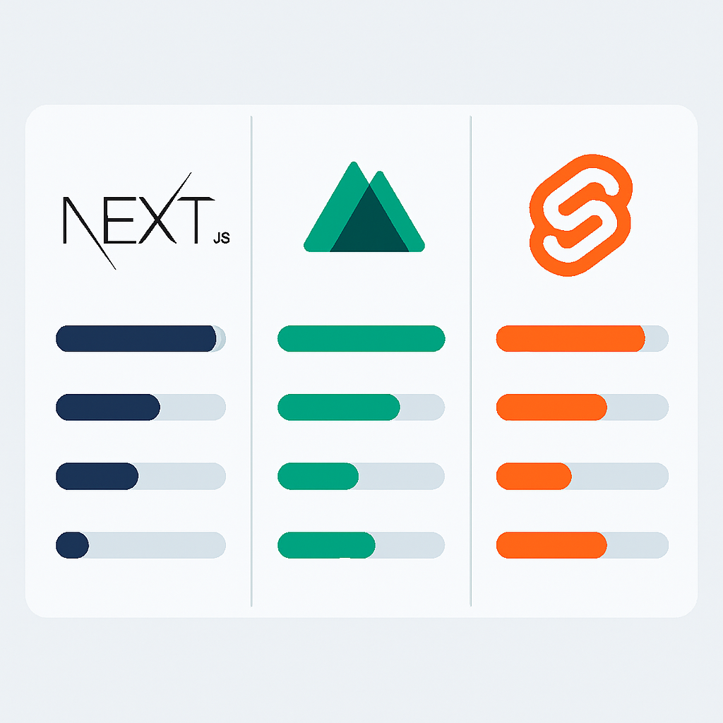Comparativo visual dos frameworks Next.js, Nuxt.js e SvelteKit com métricas principais