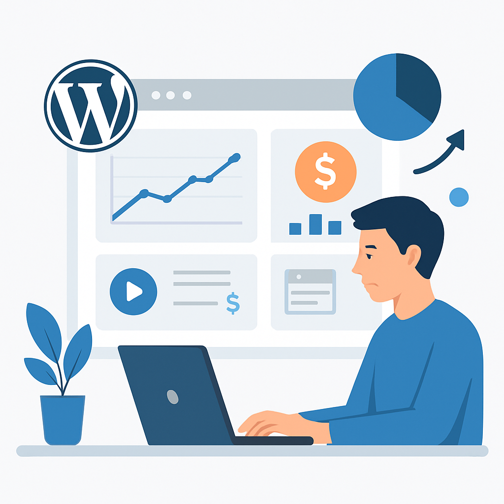 Blogger de tecnologia trabalhando em dashboard com múltiplas estratégias de monetização e gráficos de receita