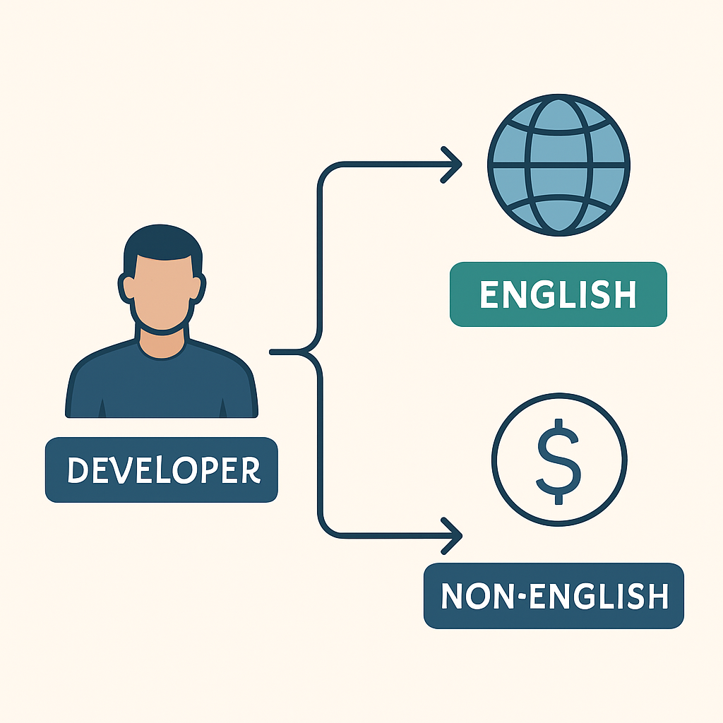 Diagrama de caminhos de carreira para desenvolvedores que falam inglês vs. não falam, com mais oportunidades globais e salários mais altos para os primeiros