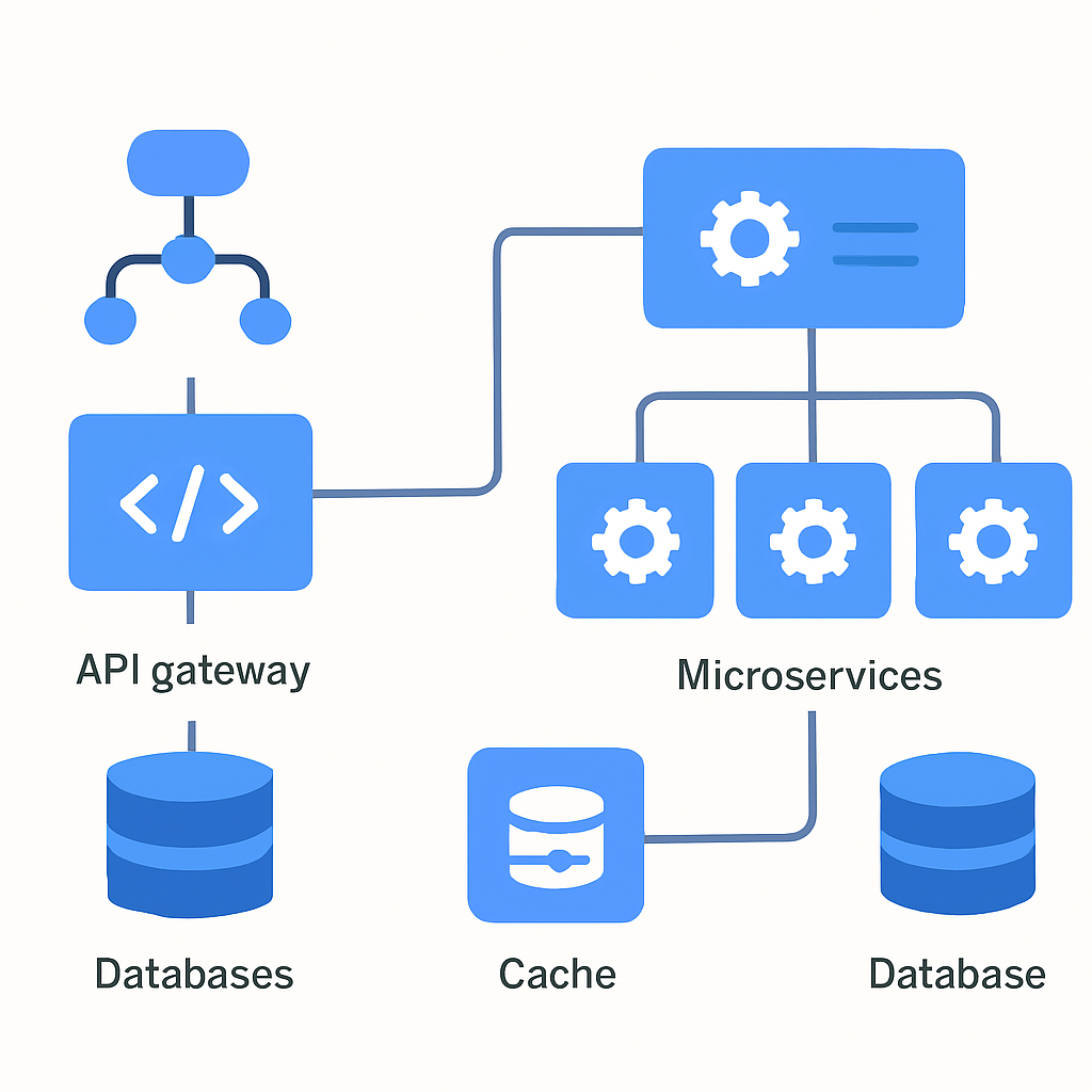 Diagrama de design de sistema com balanceador de carga, API gateway, microsserviços, bancos de dados e cache