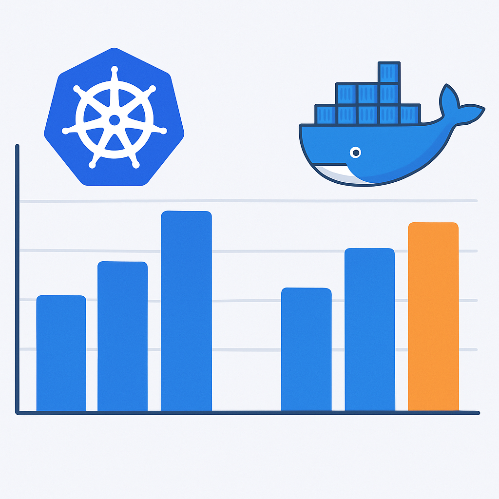 Gráfico comparativo de performance entre Kubernetes e Docker Swarm em diferentes escalas