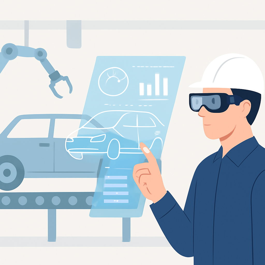 Engenheiro usando óculos AR inspecionando linha de montagem de carros com sobreposições holográficas
