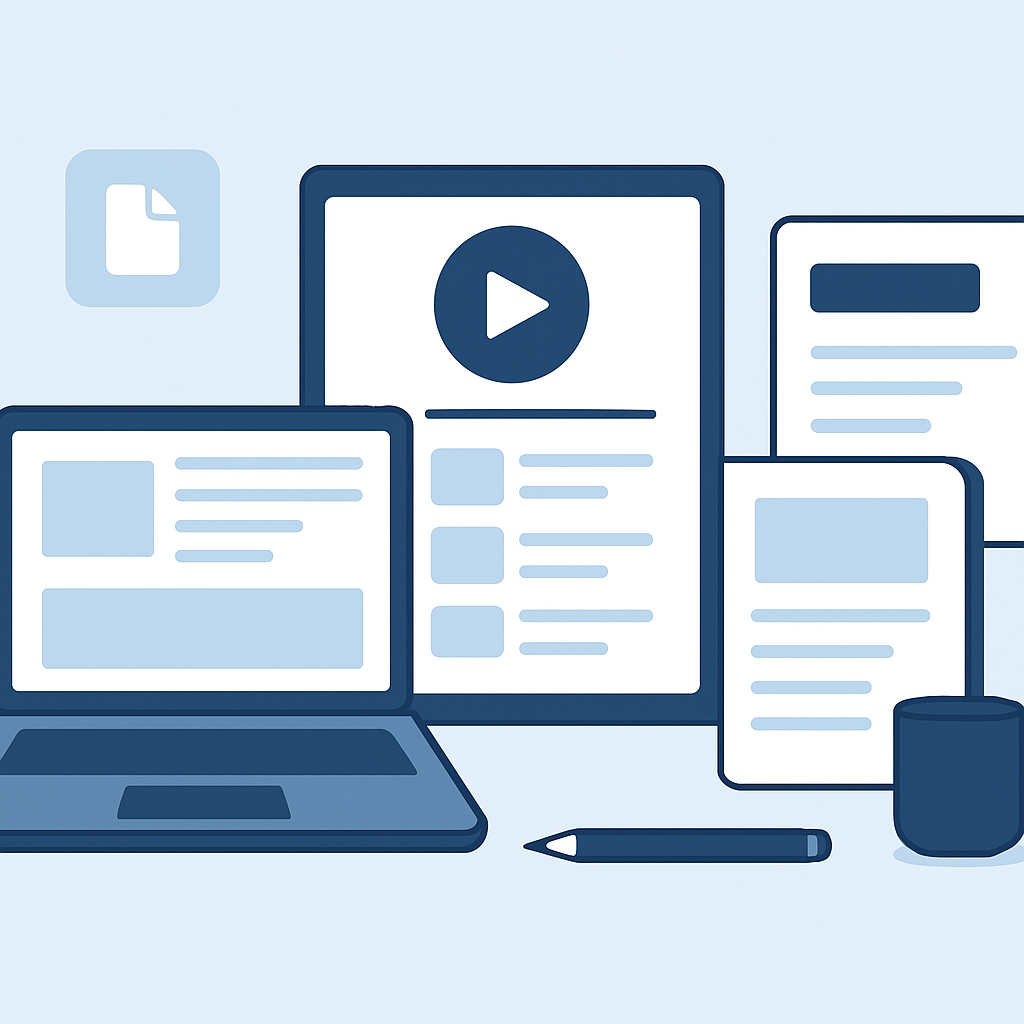 Workspace de criação de produtos digitais com materiais de curso, ebooks e templates para audiência tech