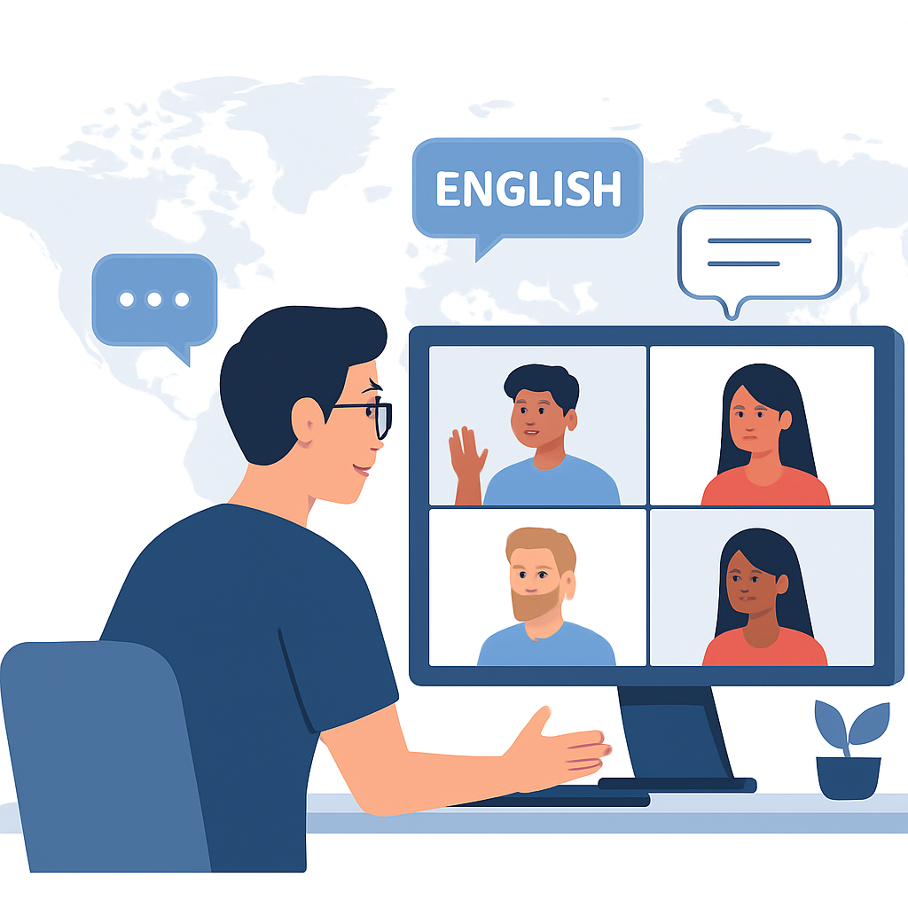 Ilustração de um desenvolvedor participando de uma chamada de vídeo com membros de equipe internacionais, mostrando comunicação ativa em inglês
