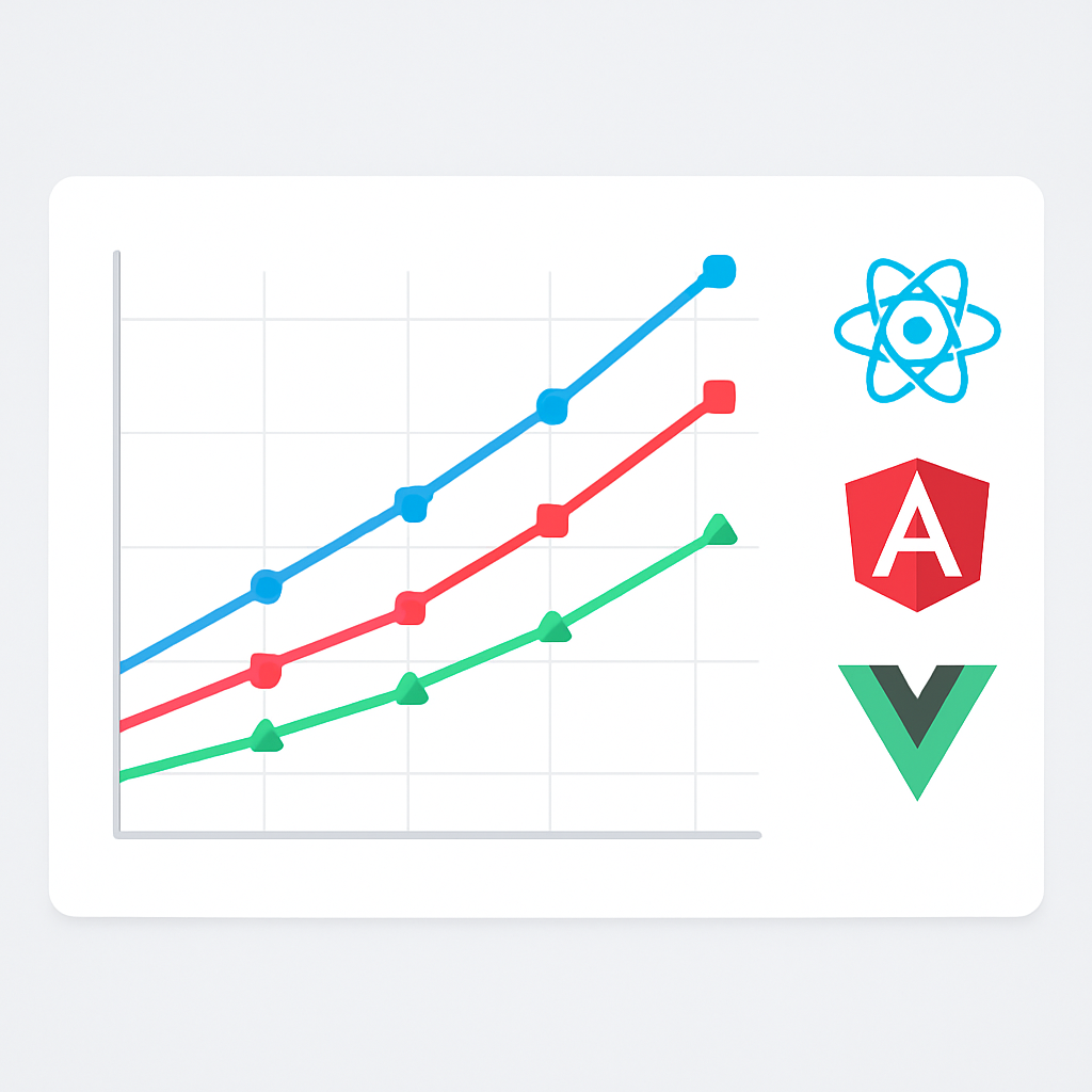 Gráfico comparativo de performance mostrando métricas Core Web Vitals dos três frameworks
