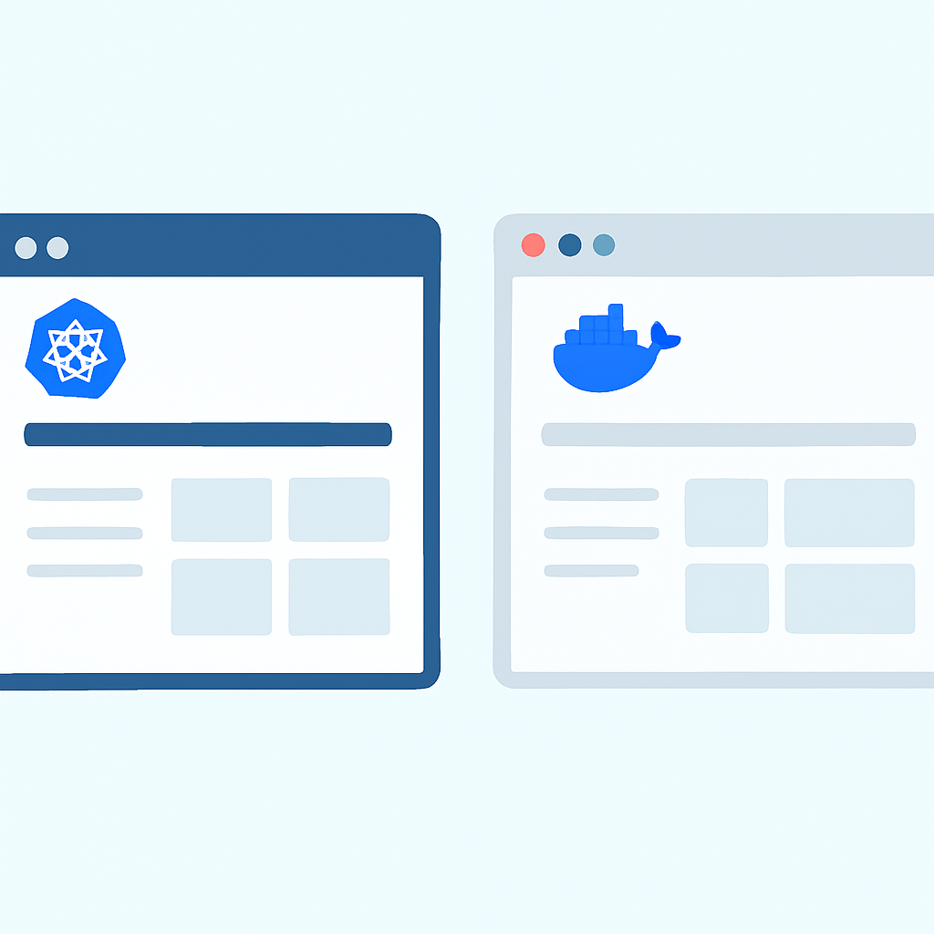 Comparação lado a lado das interfaces de gerenciamento Kubernetes e Docker Swarm