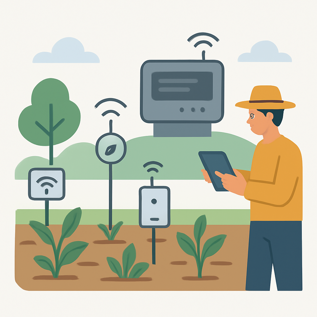 Fazenda inteligente com sensores IoT e dispositivos de edge computing monitorando plantações