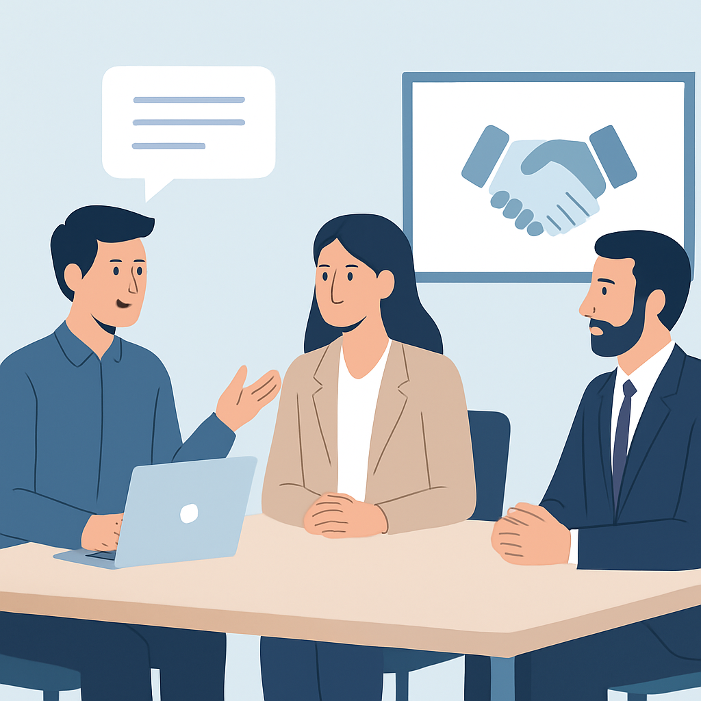Reunião profissional de parceria entre blogger tech e representantes de empresa discutindo colaboração