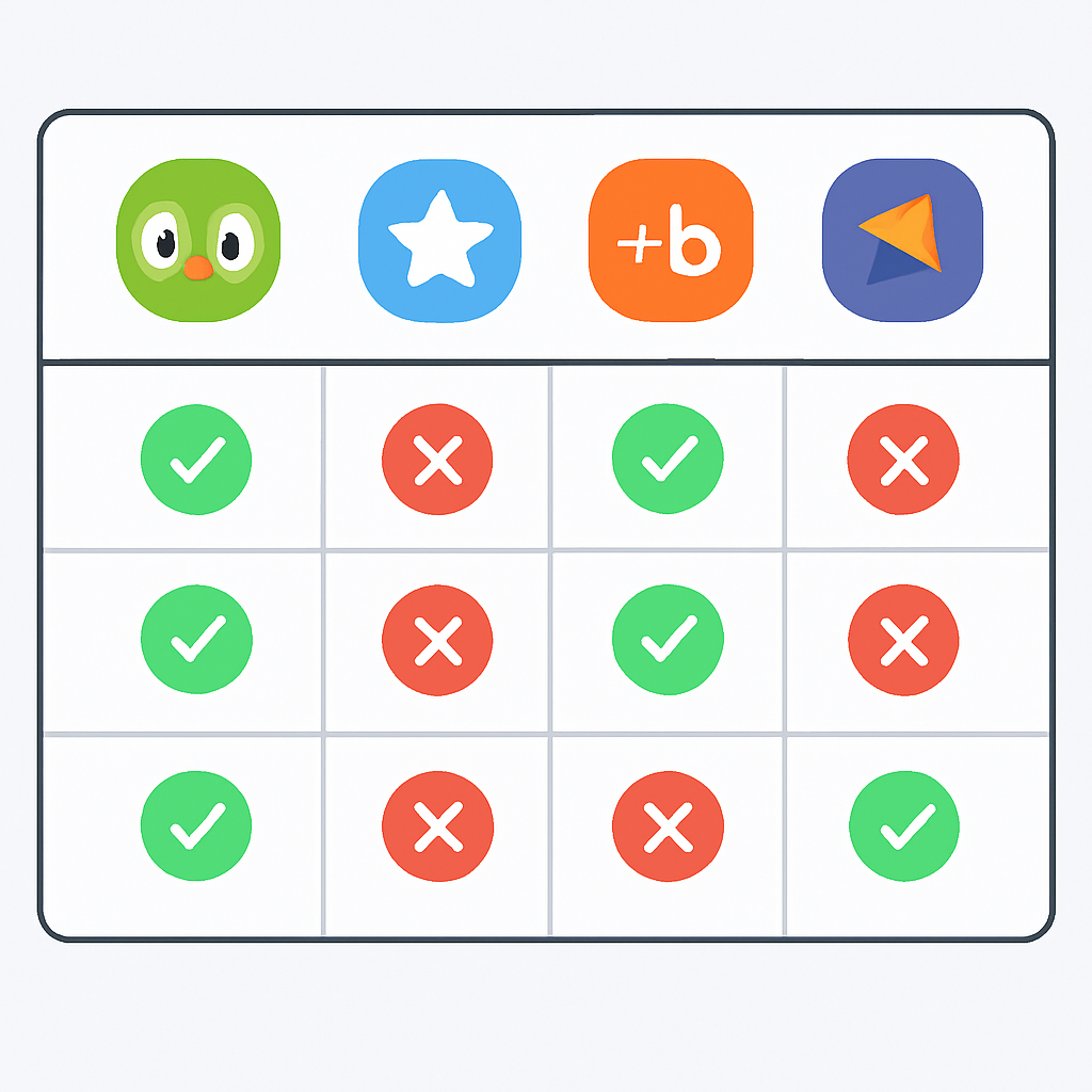 Tabela comparativa de recursos de aplicativos de aprendizado de idiomas (Duolingo, Anki, Babbel, Memrise) destacando seus prós e contras para estudantes de tecnologia