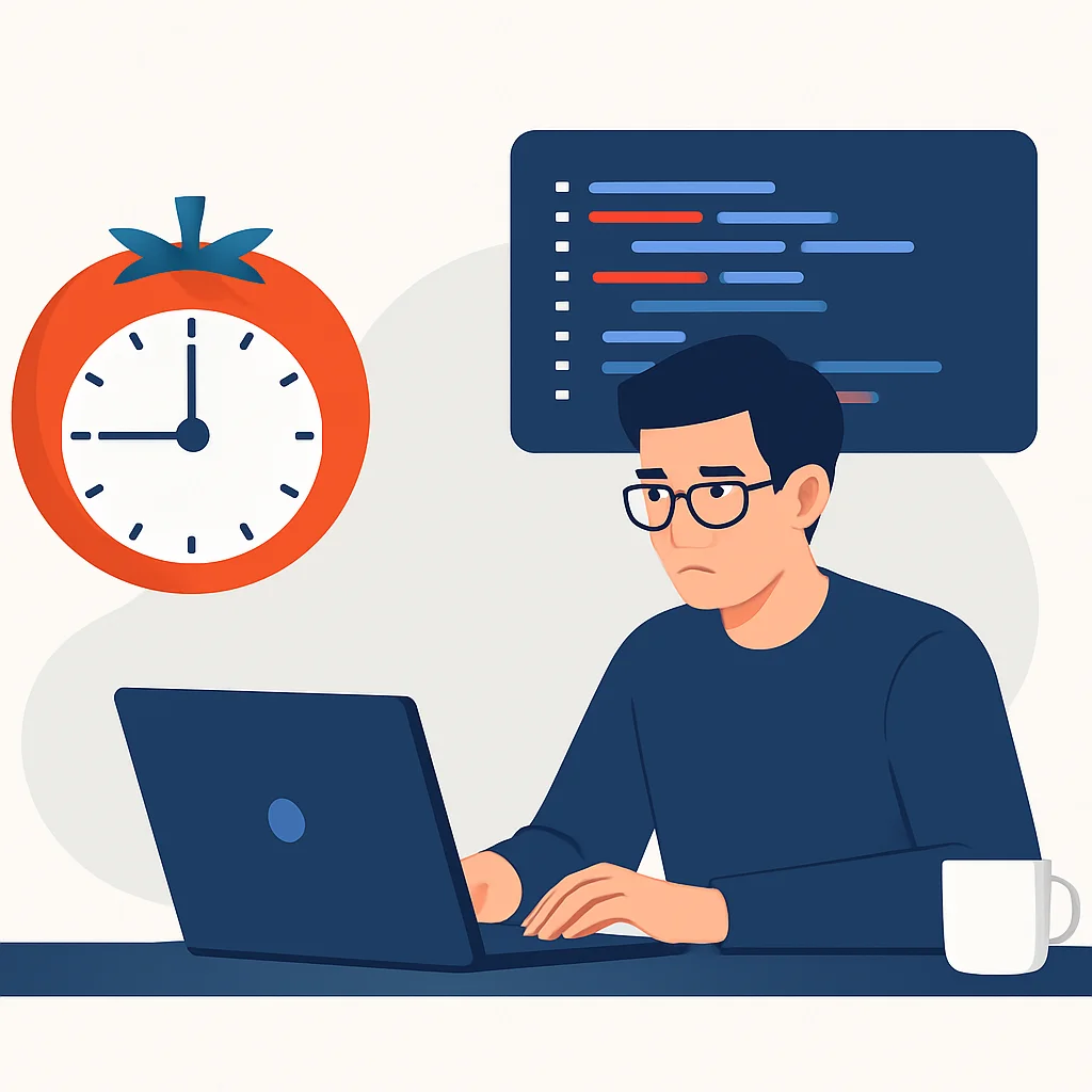 Ilustração de um desenvolvedor usando a técnica Pomodoro com um timer e focado em código