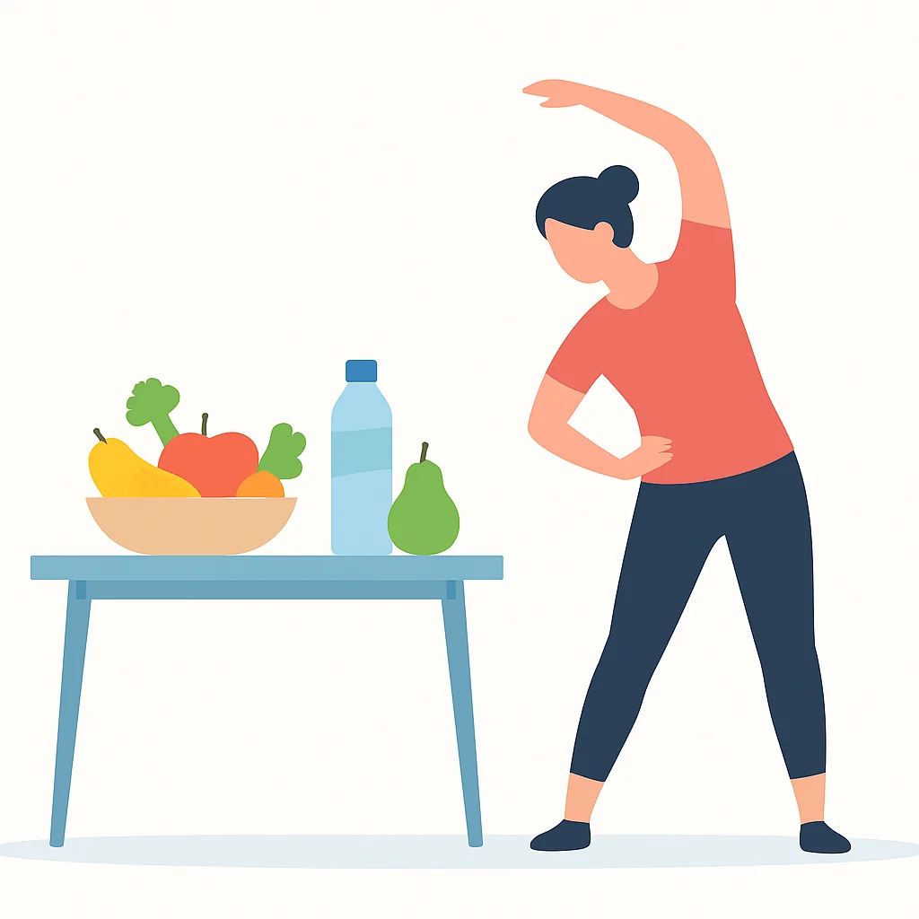 Mesa com alimentos saudáveis (frutas, vegetais, água) e uma pessoa fazendo exercício leve