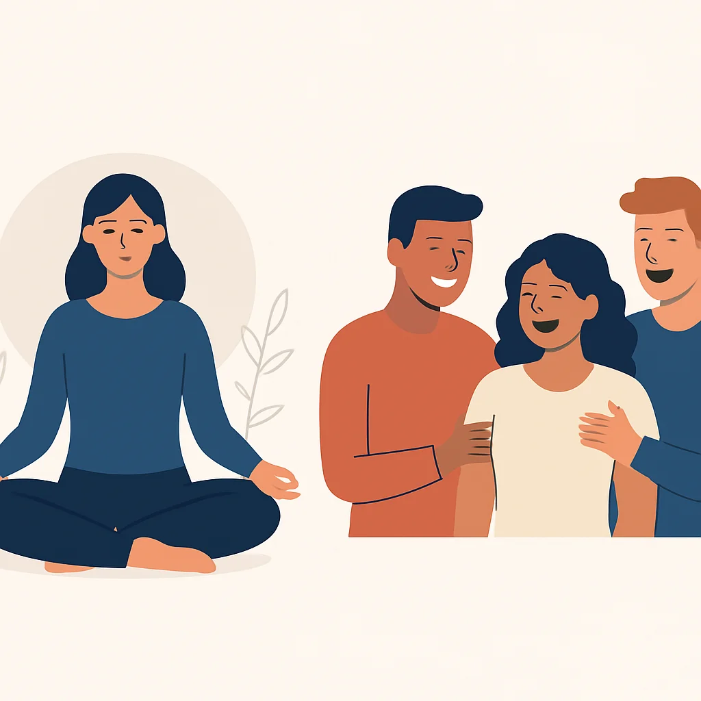 Pessoa meditando tranquilamente e um grupo de amigos rindo juntos
