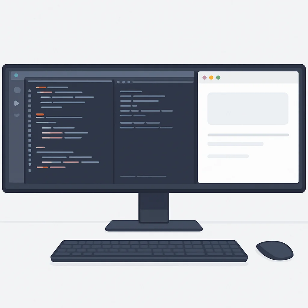 Setup de monitor ultrawide com múltiplas janelas de codificação abertas, mostrando VS Code, terminal e navegador lado a lado