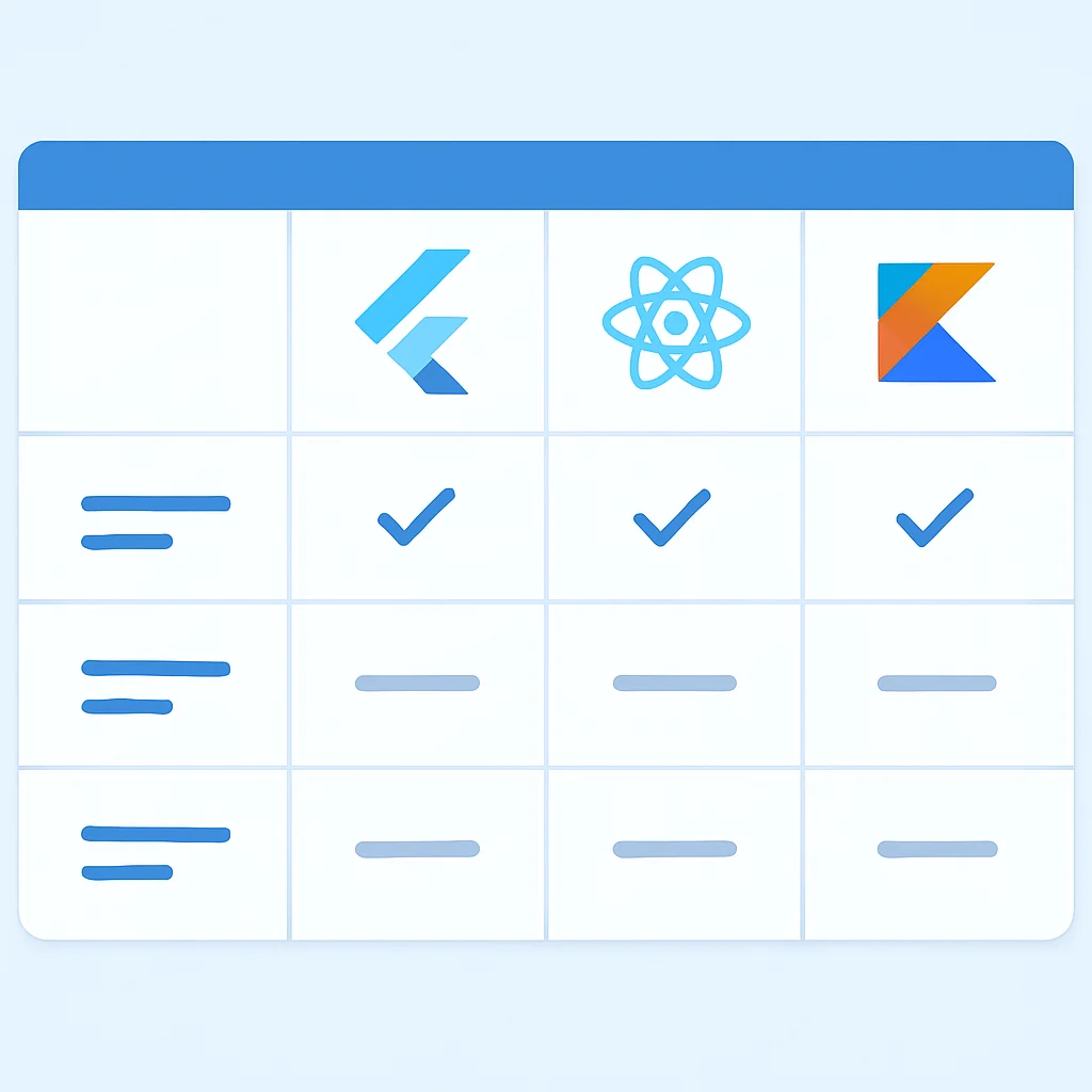 Tabela comparativa visual das métricas principais de Flutter, React Native e KMM