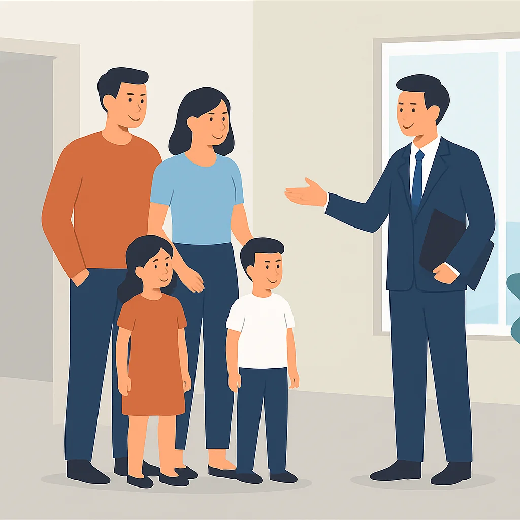 Família visitando apartamento novo com corretor de imóveis