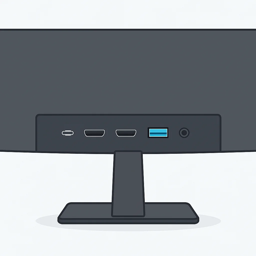 Diagrama mostrando várias portas na parte traseira de um monitor ultrawide, incluindo USB-C com Power Delivery, DisplayPort, HDMI, hub USB-A e entrada de áudio