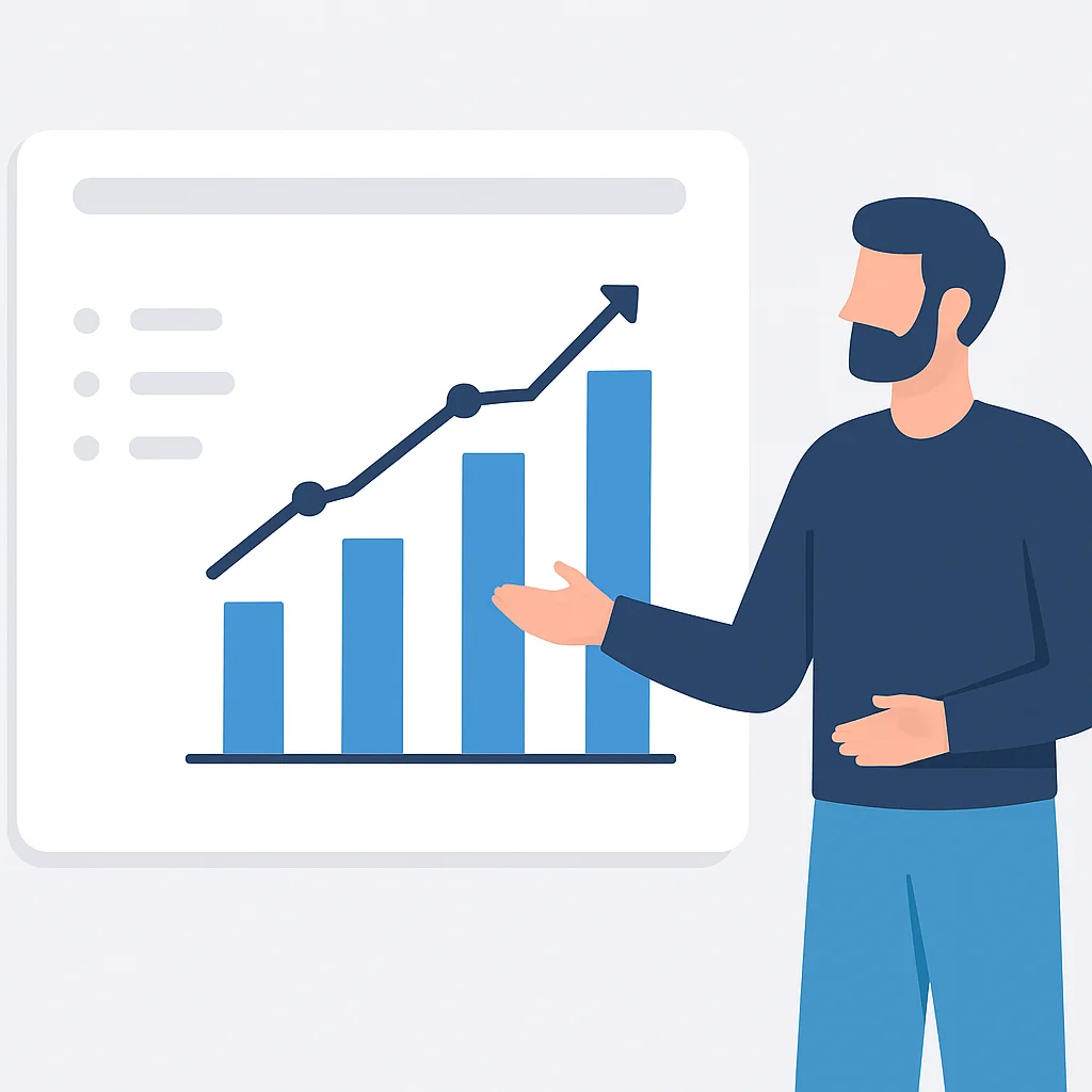 Desenvolvedor apresentando gráfico de impacto de projeto com métricas quantificáveis