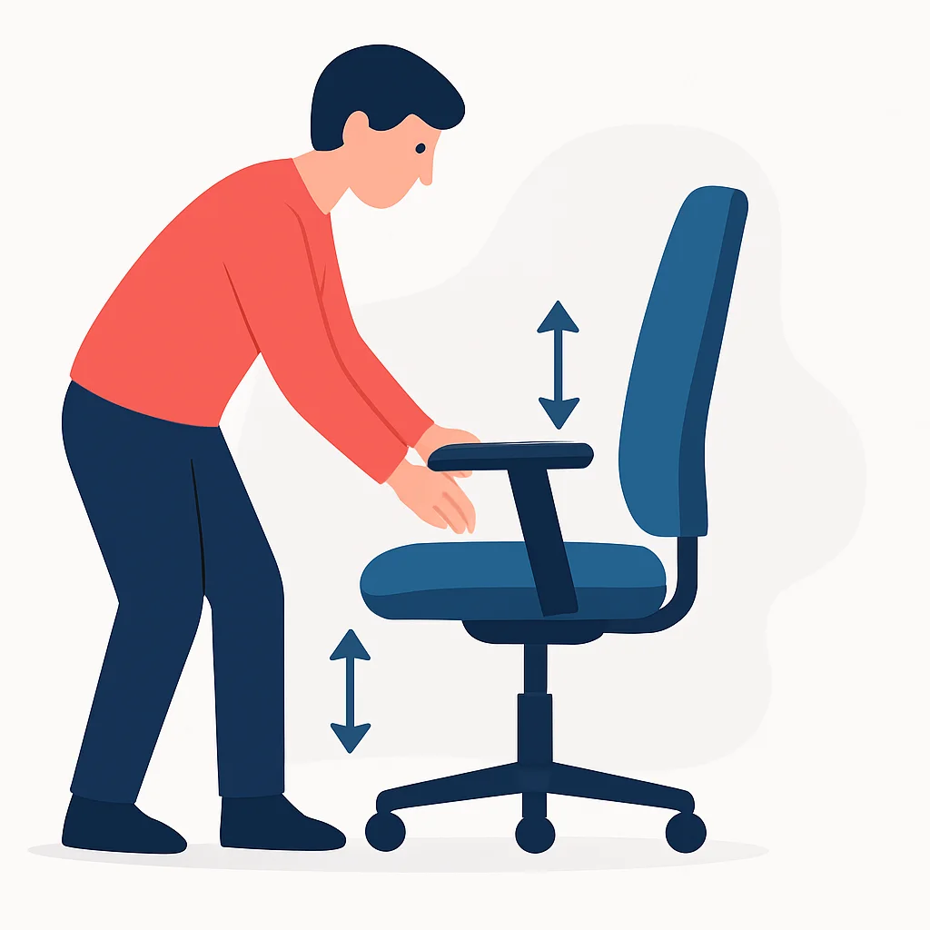 Ilustração de uma pessoa ajustando uma cadeira de escritório ergonômica