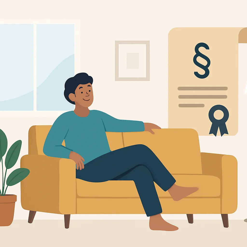 Ilustração de um inquilino desfrutando pacificamente de sua casa alugada, com um pequeno pergaminho legal ao fundo simbolizando os direitos do inquilino