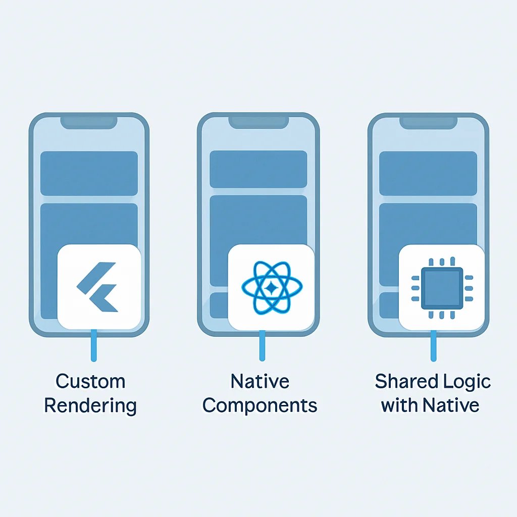 Diagrama comparando a renderização customizada do Flutter, os componentes nativos do React Native e a lógica compartilhada com UI nativa do KMM