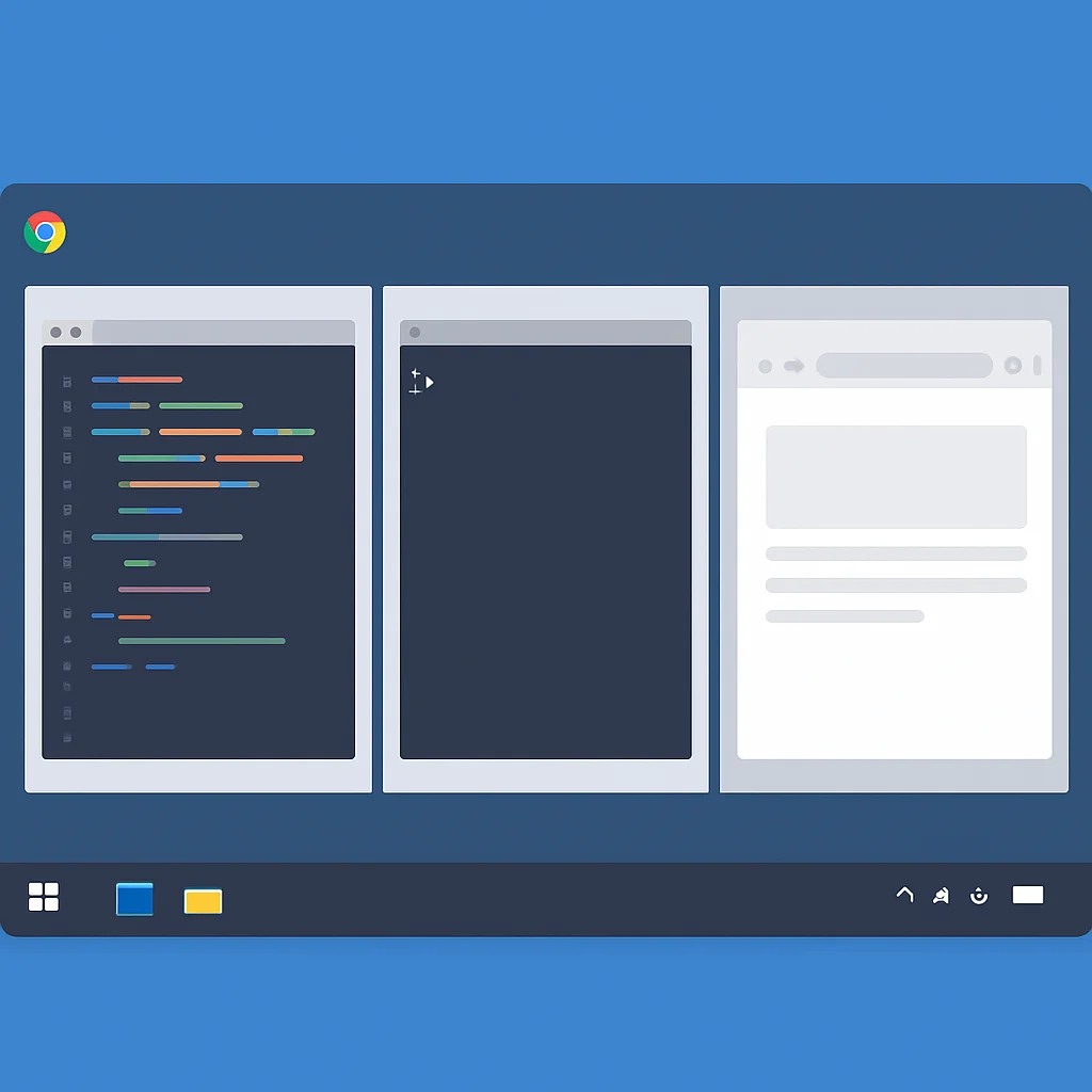 Captura de tela do desktop Windows com FancyZones ativo, mostrando três zonas verticais para codificação, terminal e navegador