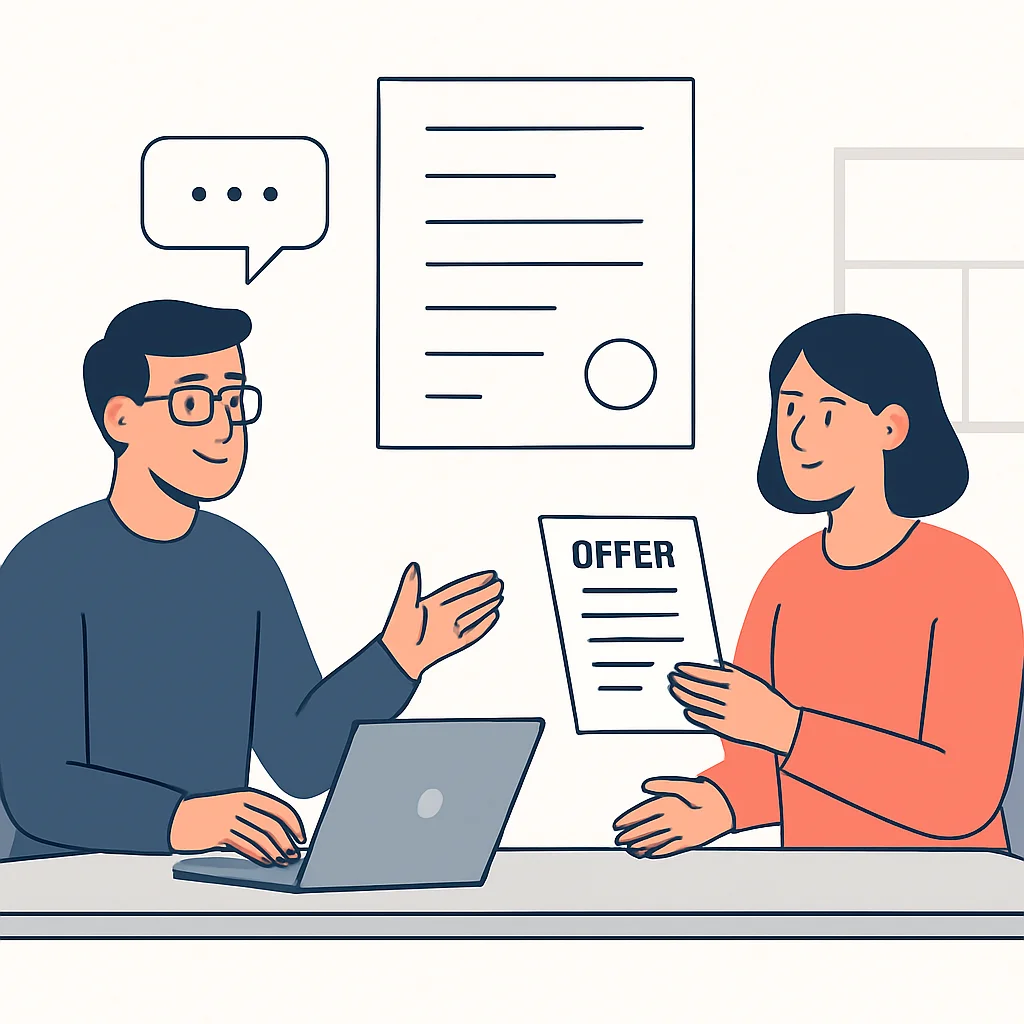 Dois desenvolvedores discutindo uma carta de oferta, ilustrando a negociação