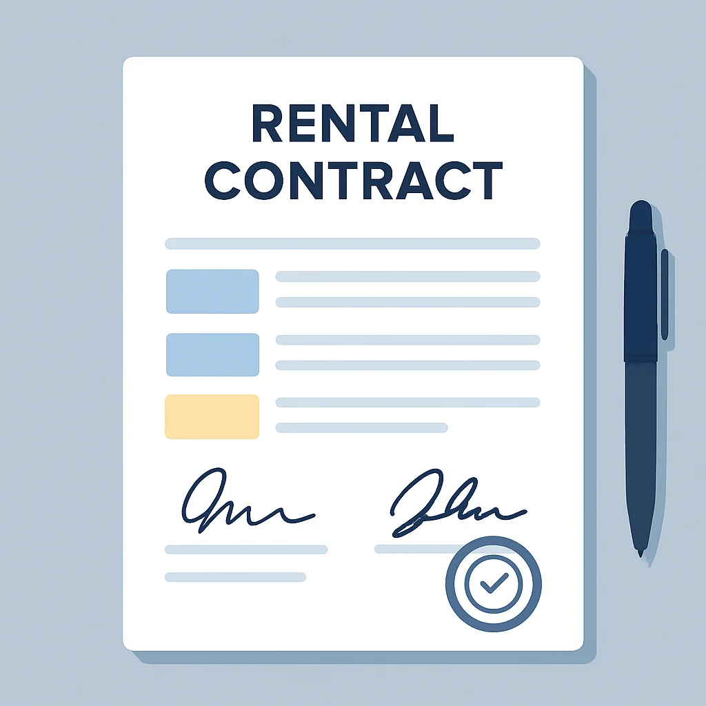 Representação visual de um documento de contrato de aluguel com seções chave destacadas, mostrando assinaturas e selos oficiais