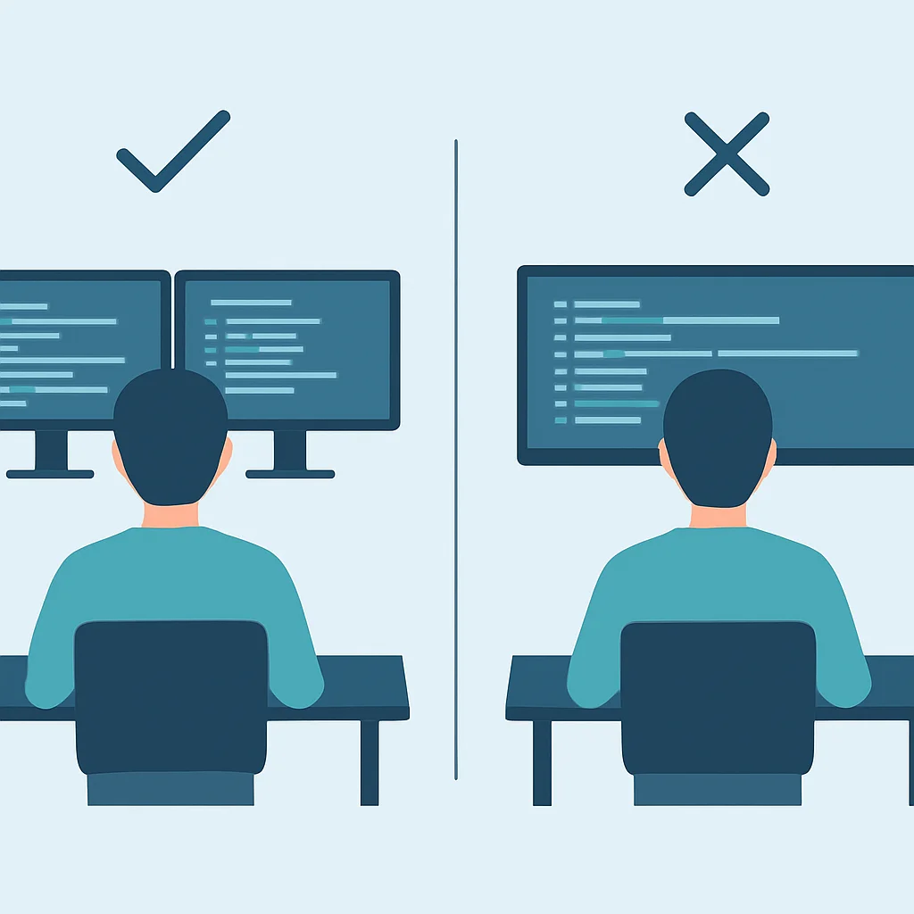 Infográfico comparando a eficiência de um setup de monitor duplo versus um único monitor ultrawide para tarefas de codificação