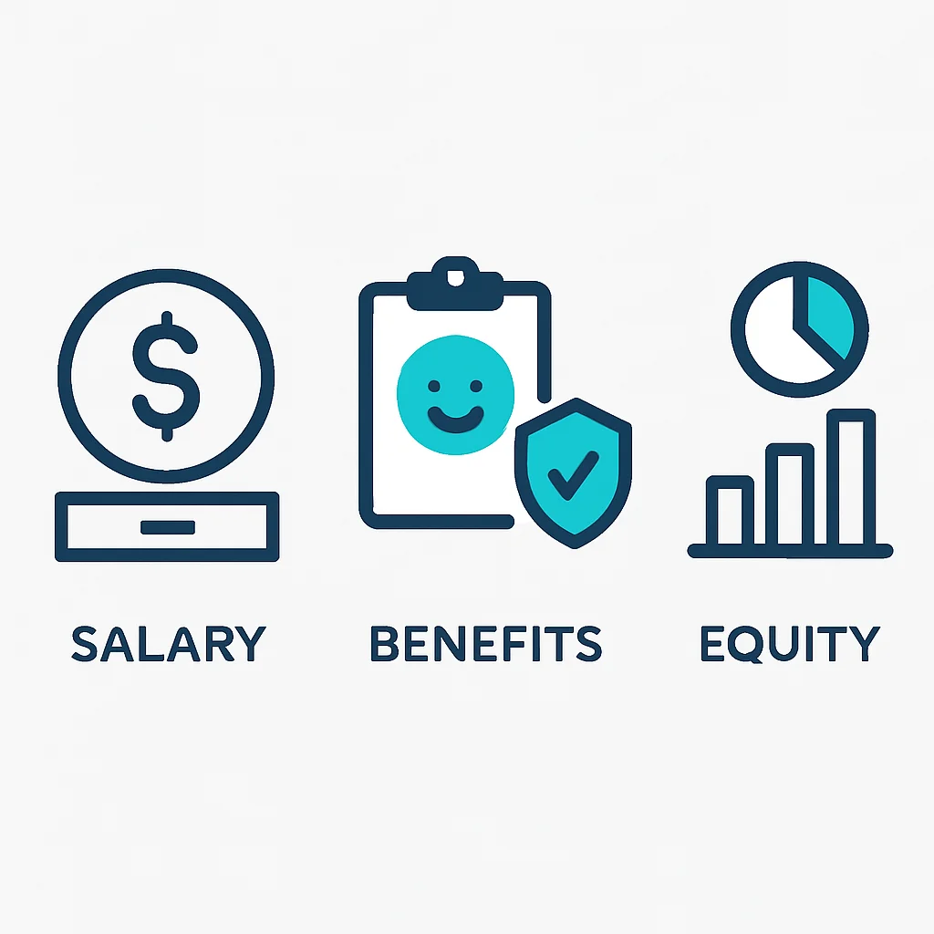 Infográfico comparando diferentes tipos de compensação para desenvolvedores (salário, benefícios, equity)