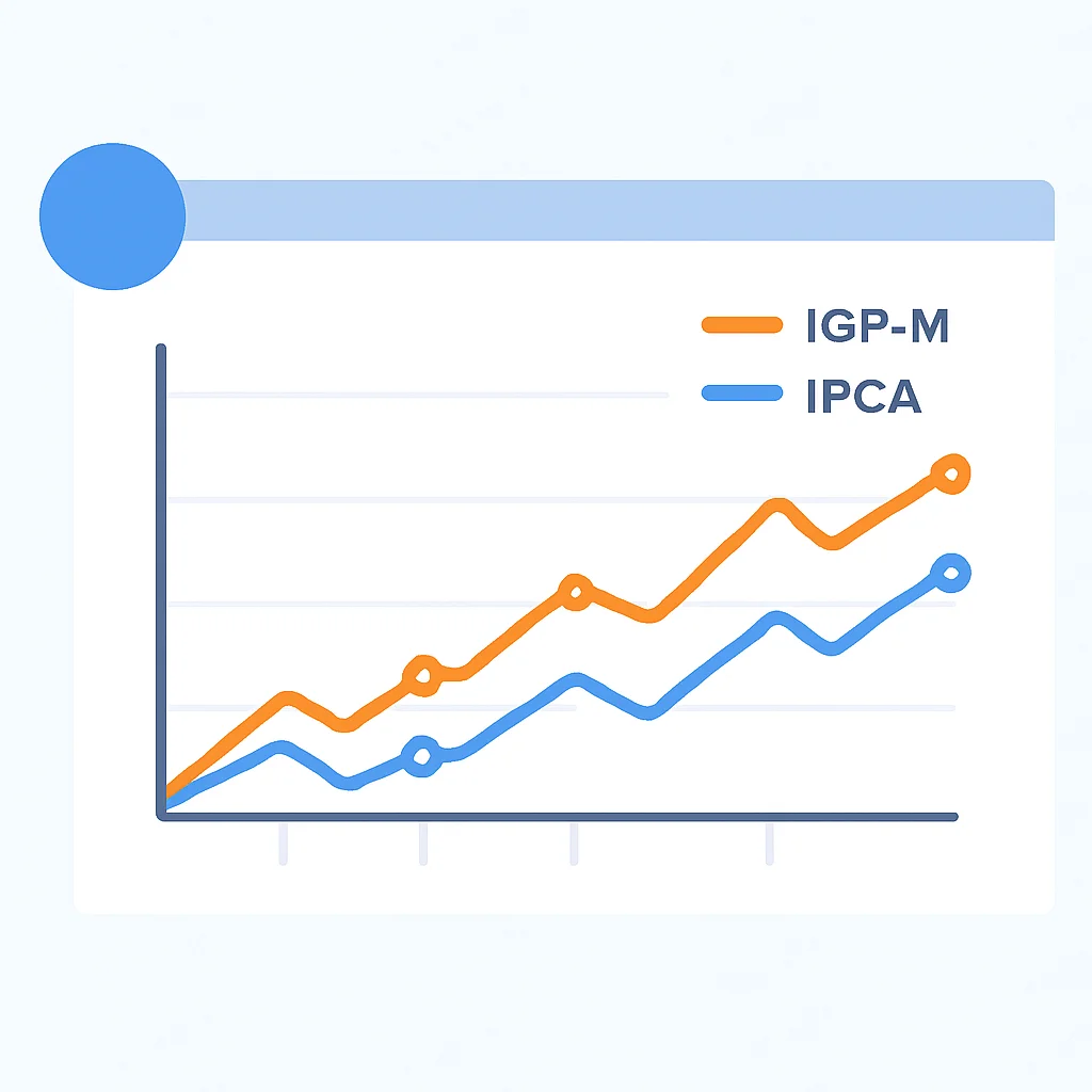 Gráfico comparando o desempenho histórico dos índices IGP-M e IPCA para reajustes de aluguel no Brasil nos últimos 5 anos