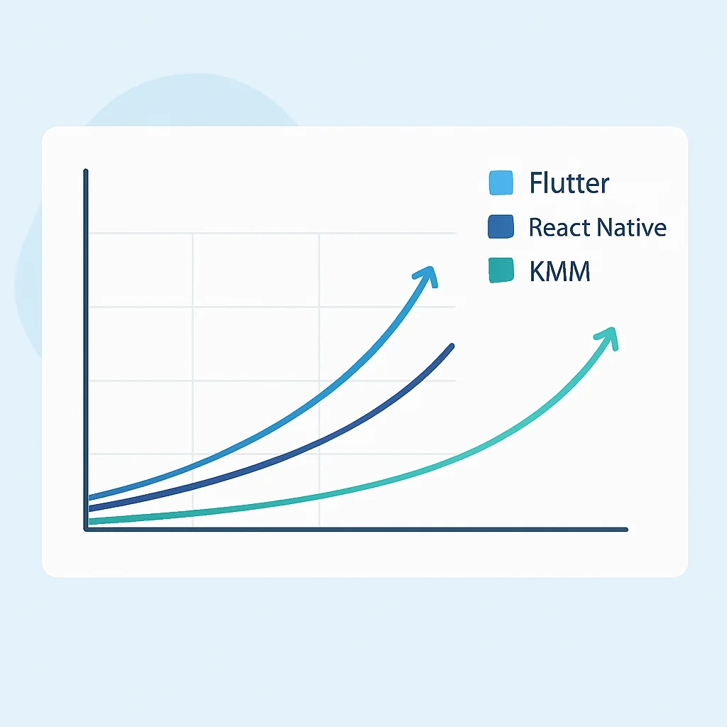 Gráfico mostrando tendências de crescimento e previsões futuras para Flutter, React Native e KMM no mercado de desenvolvimento mobile
