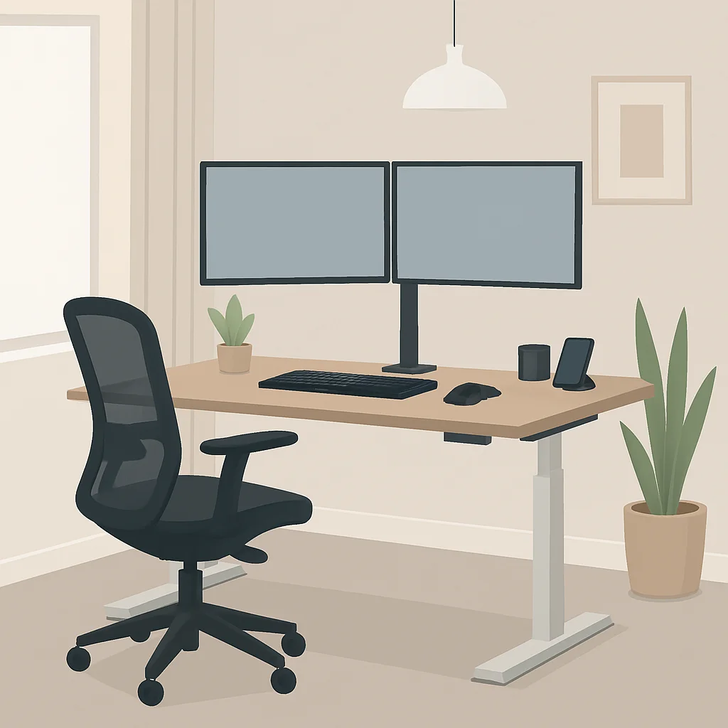 Foto de um setup de mesa ajustável com dois monitores em um home office