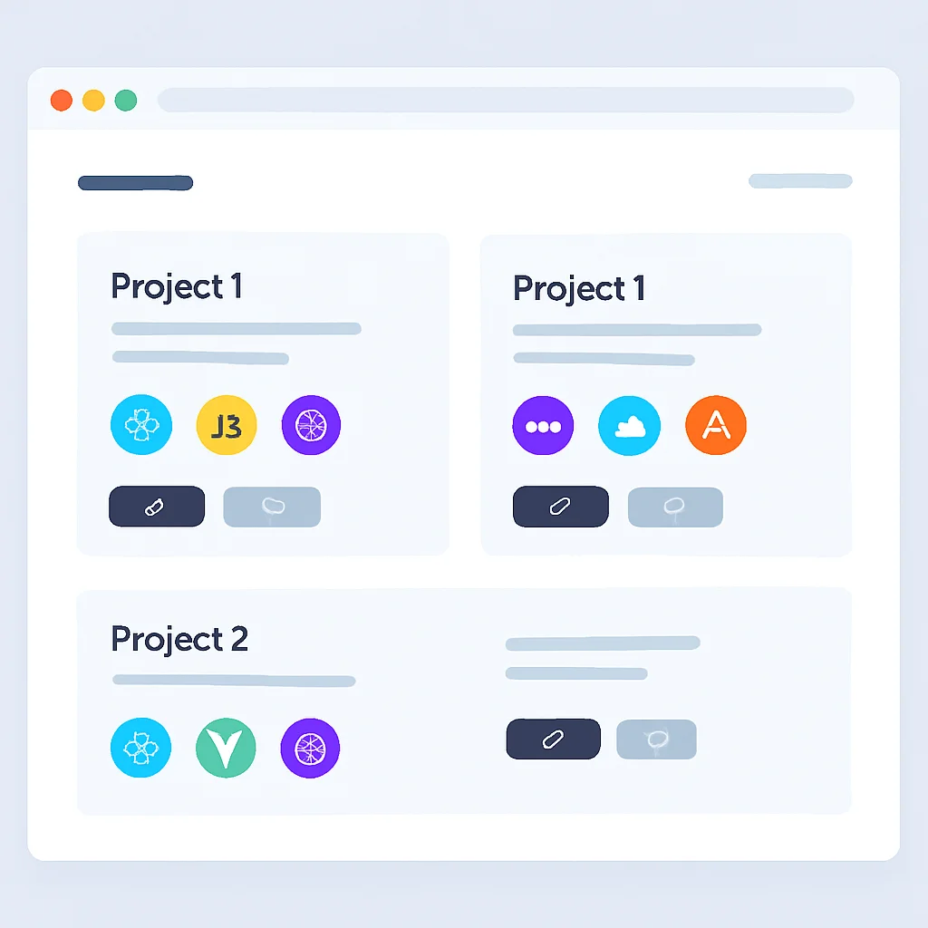 Exemplo de um layout de portfólio de desenvolvedor moderno e limpo, com cards de projeto bem organizados.