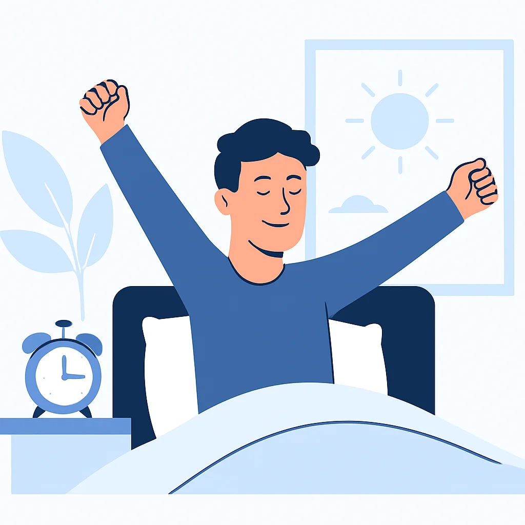 Uma pessoa acordando com aparência revigorada e se espreguiçando, simbolizando o impacto positivo do sono otimizado na vida diária e nos níveis de energia