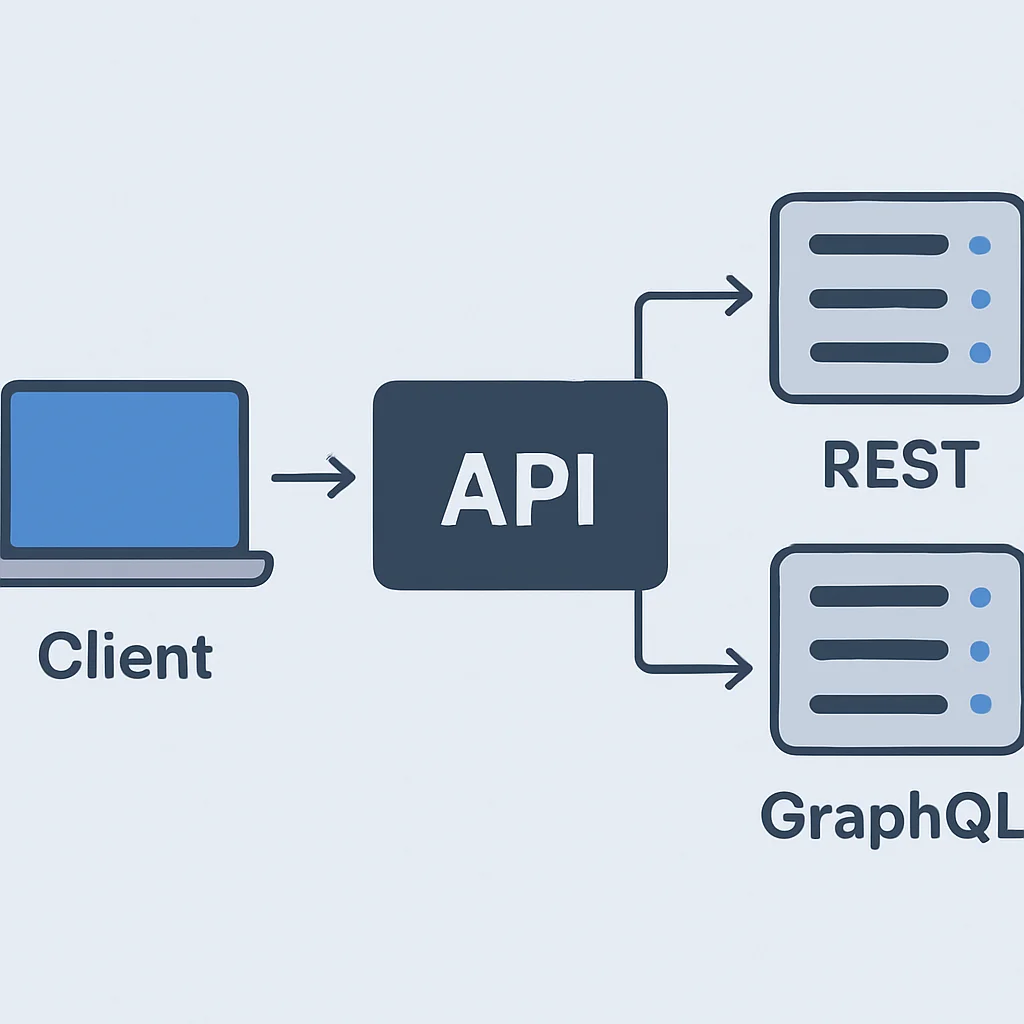 Diagrama de arquitetura de API mostrando o fluxo de dados entre clientes e servidores com endpoints REST e GraphQL