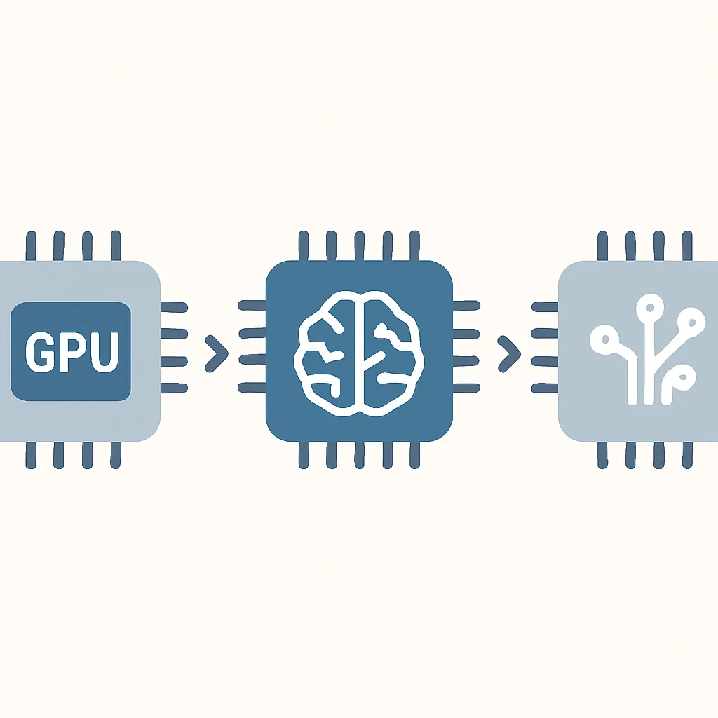 Diagrama arquitetural mostrando a evolução de GPUs de propósito geral para aceleradores de IA especializados e chips neuromórficos