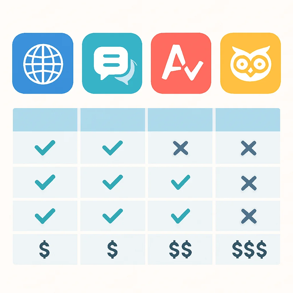 Tabela comparativa de recursos e preços dos principais aplicativos de aprendizado de idiomas