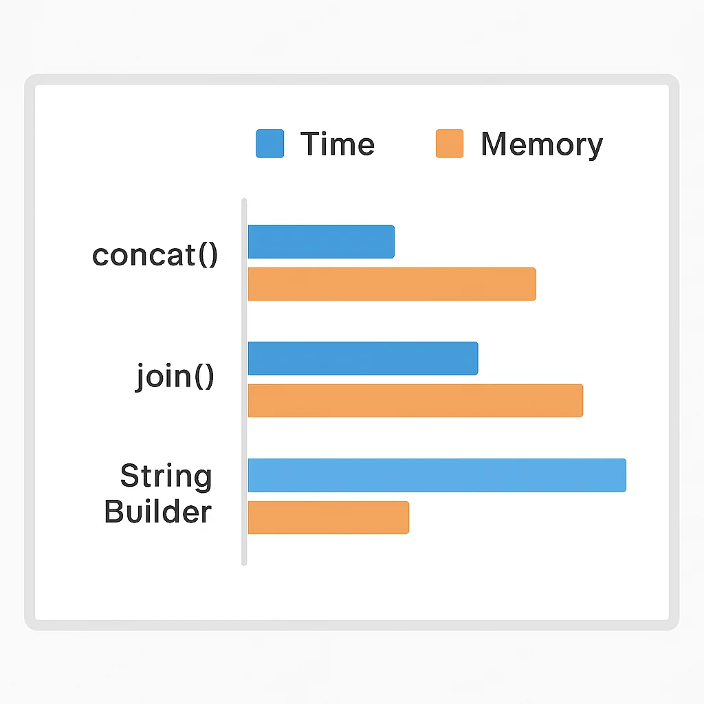 Gráfico comparativo de métricas de performance (tempo, memória) para diferentes métodos de concatenação de strings