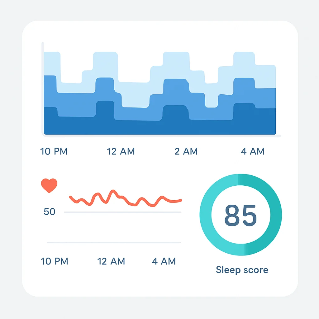 Visualização de dados de um aplicativo ou dispositivo de monitoramento do sono mostrando estágios do sono, frequência cardíaca e pontuação do sono ao longo do tempo