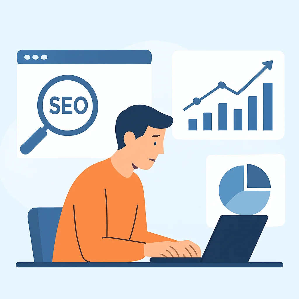Desenvolvedor otimizando SEO com gráficos de tráfego orgânico crescente ao fundo