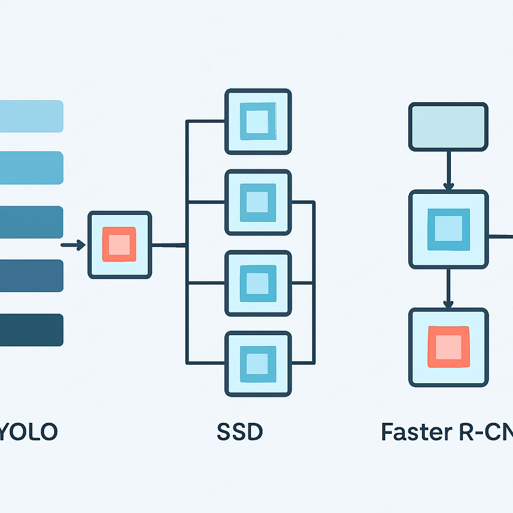 Diagrama comparativo das arquiteturas YOLO, SSD e Faster R-CNN