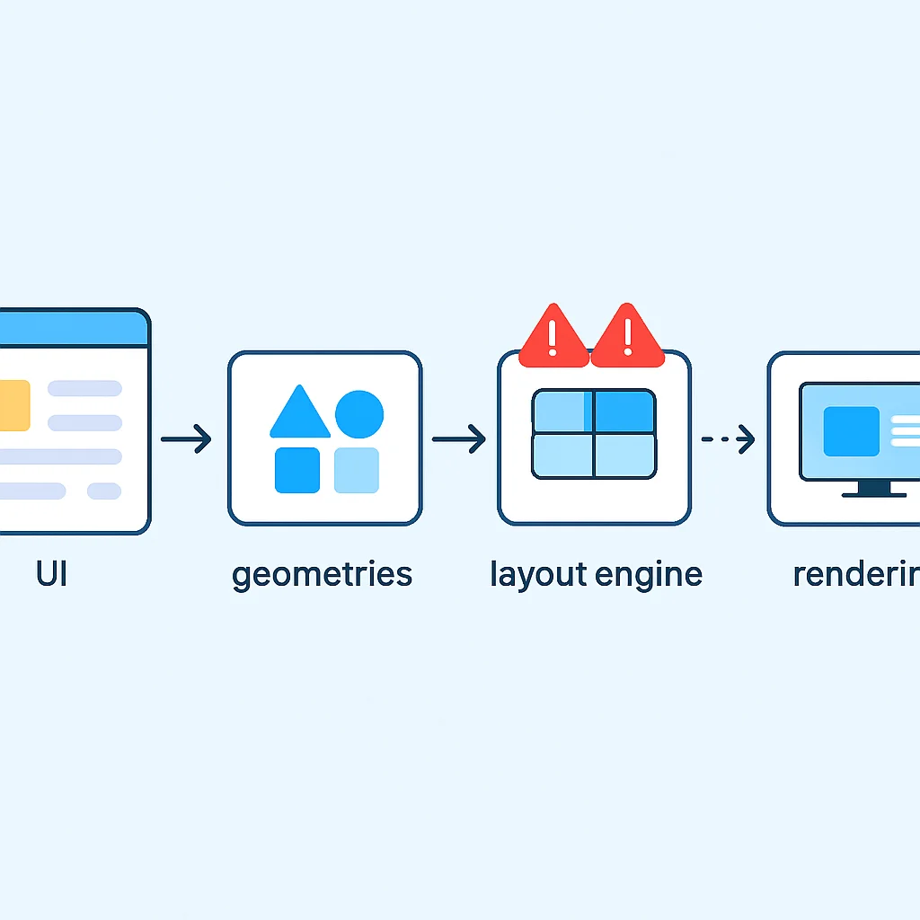 Diagrama simplificado do pipeline de renderização da UI, destacando gargalos em layouts complexos