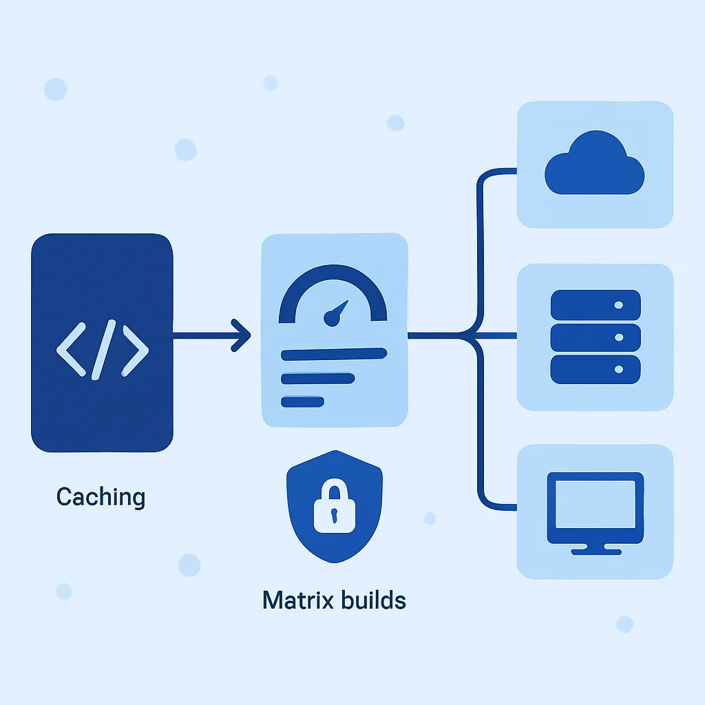 Diagrama de pipeline CI/CD avançado com caching, matrix builds e deployment seguro para múltiplos ambientes