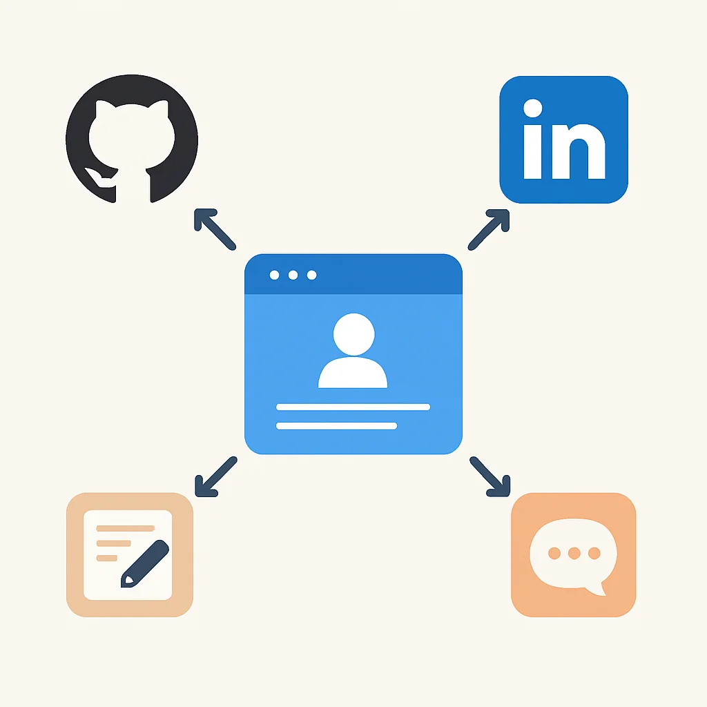 Diagrama de links de entrada do GitHub, LinkedIn, blogs e fóruns apontando para o portfólio de um desenvolvedor