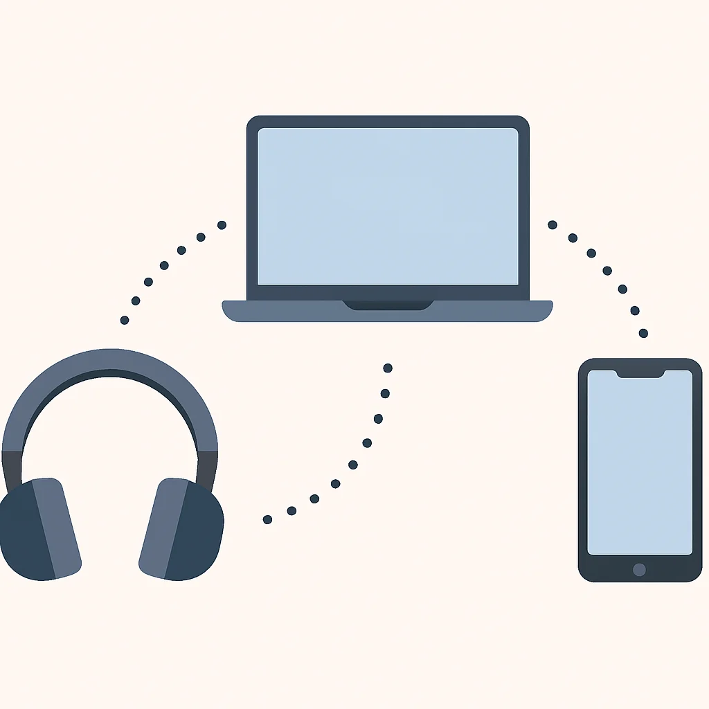 Diagrama mostrando conectividade multiponto entre fones, laptop e telefone