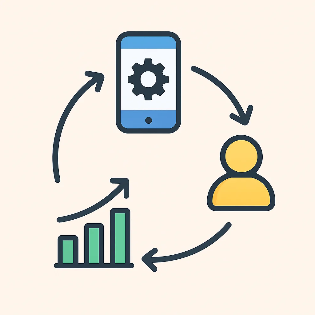 Diagrama do ciclo virtuoso da performance de apps mobile com retenção de usuários e crescimento de negócios
