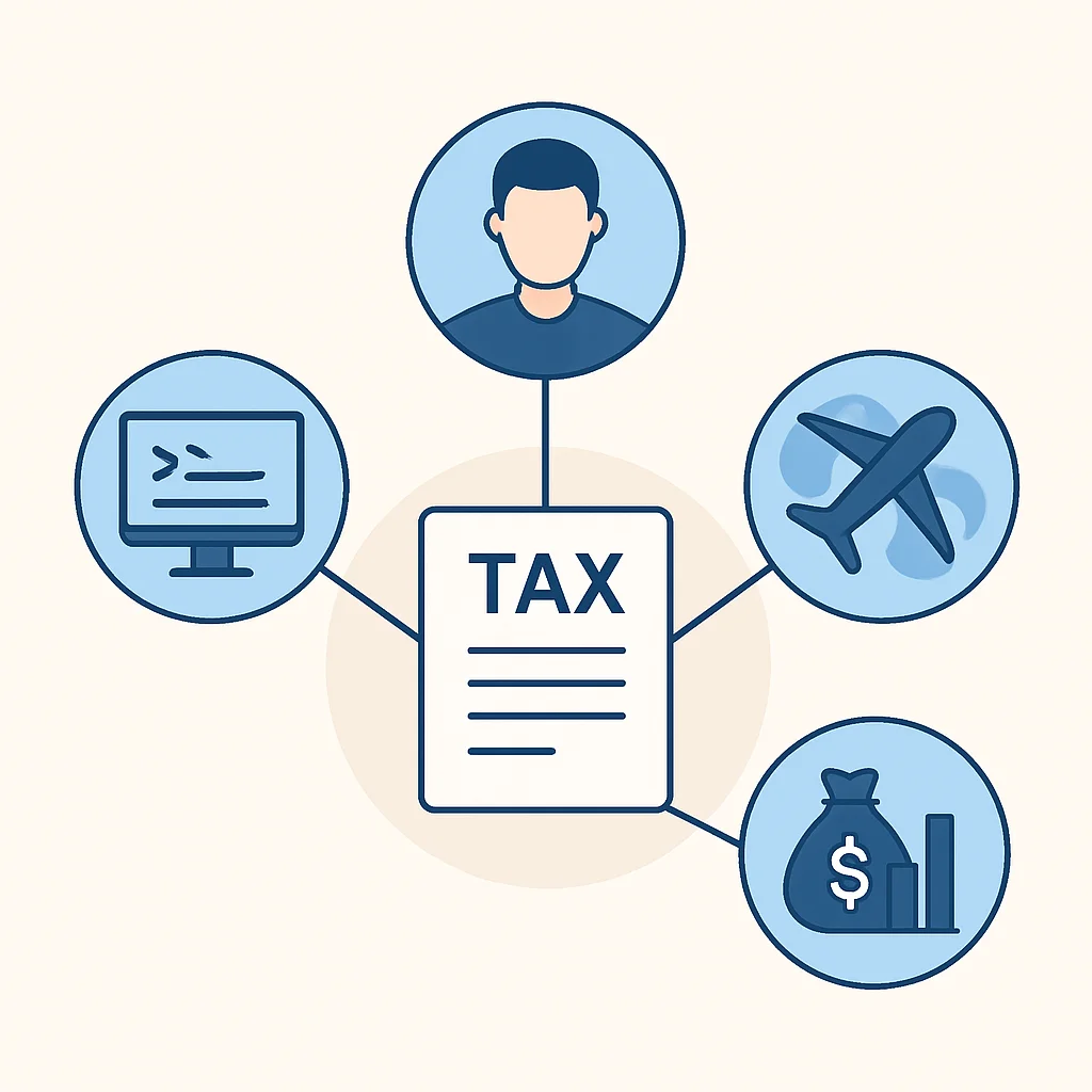 Diagrama de fluxo das diversas fontes de renda de um desenvolvedor (CLT, PJ, Exterior, Investimentos) convergindo para a declaração de IR