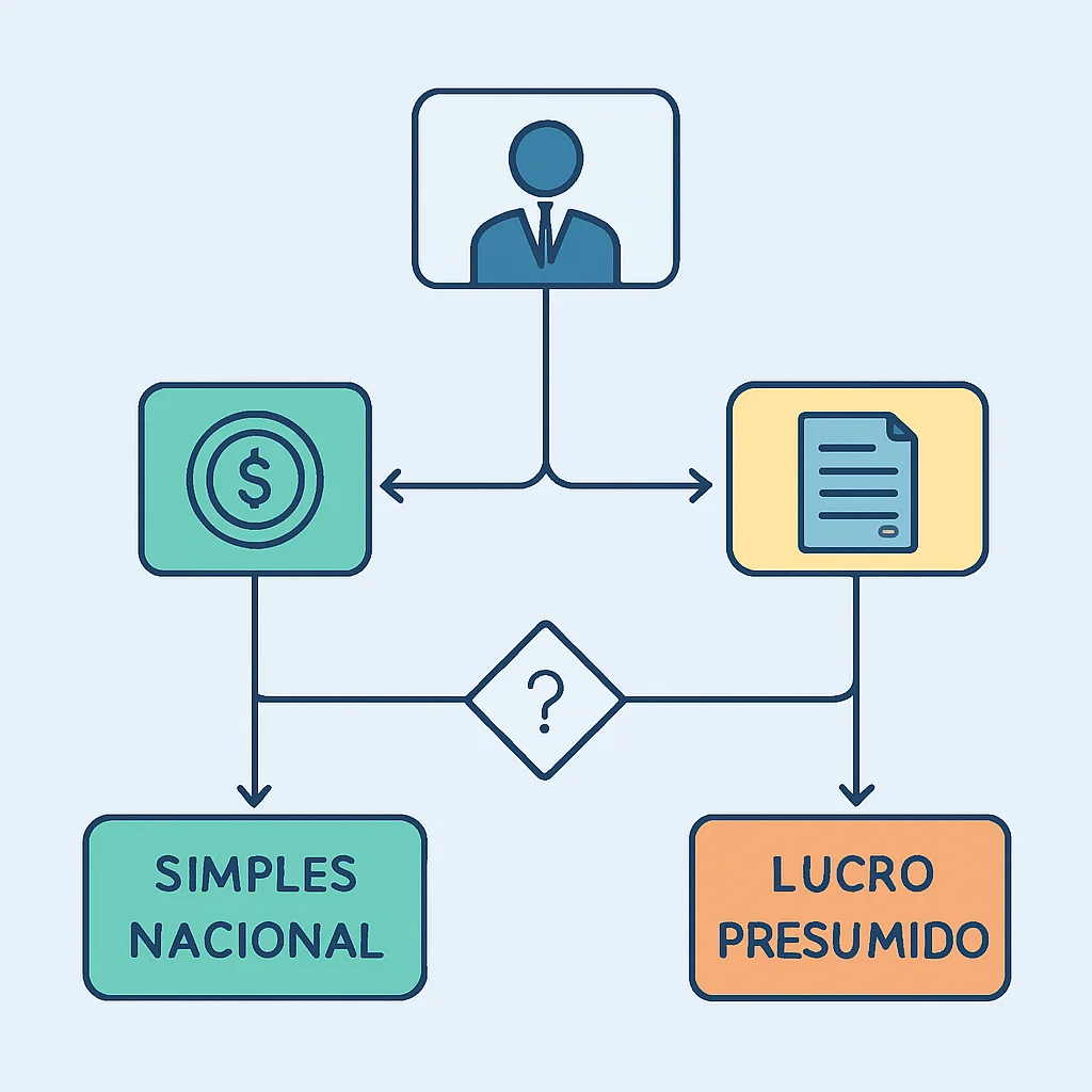 Fluxograma de decisão para escolha entre Simples Nacional e Lucro Presumido para PJ de serviços, considerando faturamento e folha de pagamento