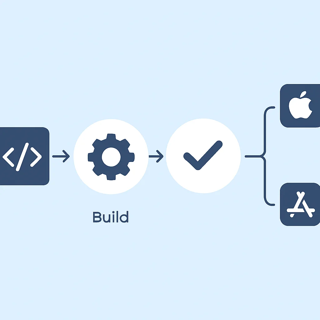 Fluxograma de pipeline CI/CD para aplicativo móvel, incluindo build, teste e distribuição para lojas de aplicativos