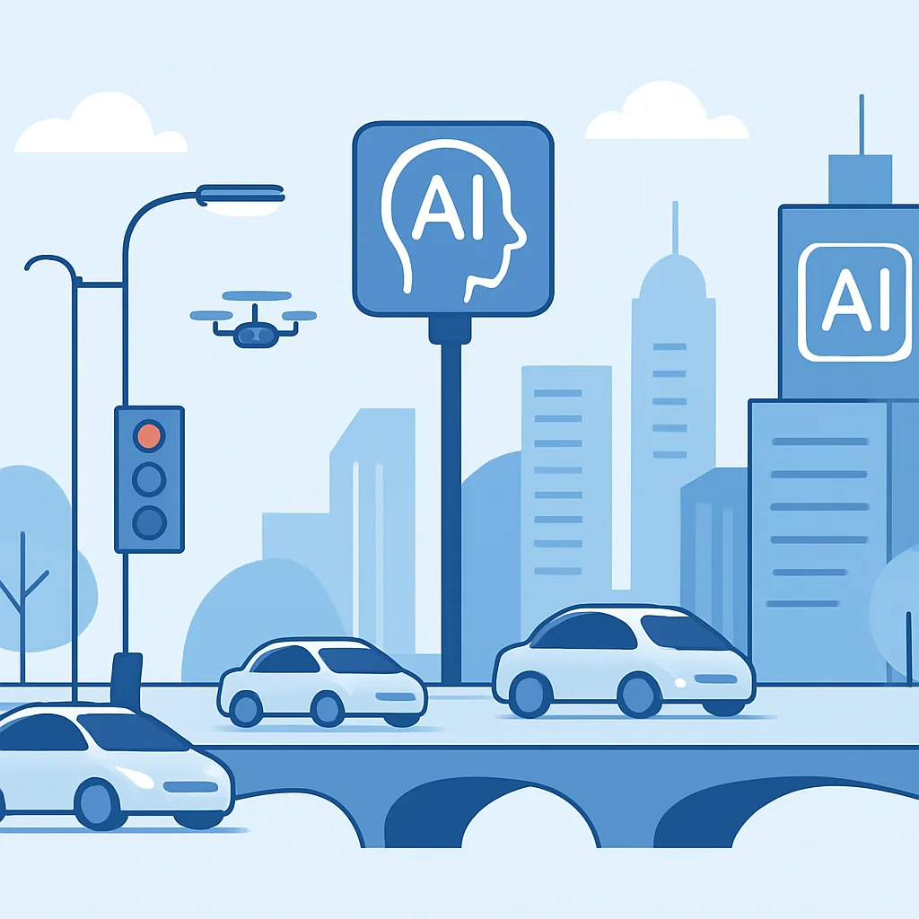 Cidade futurista com sistemas de visão computacional integrados à infraestrutura
